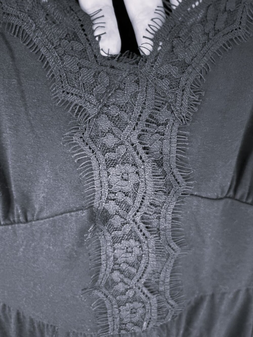 BloomChic Black Lace Trim Maxi Dress Size 12 Short Sleeve V-Neck Pockets - Picture 7 of 11